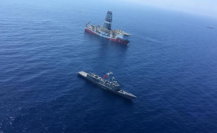 Turkish Navy warship patroling next to Turkey's drilling ship "Fatih" dispatched towards the eastern Mediterranean near Cyprus