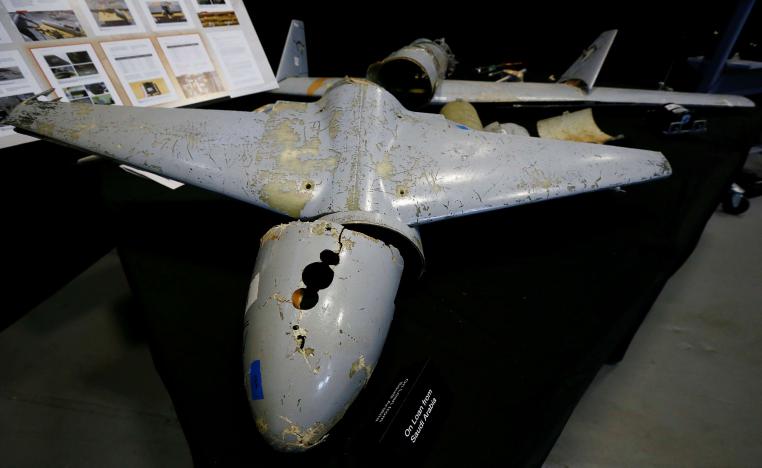 A drone that the Pentagon says was manufactured in Iran but recovered in Yemen, as it sits on display at a military base in Washington