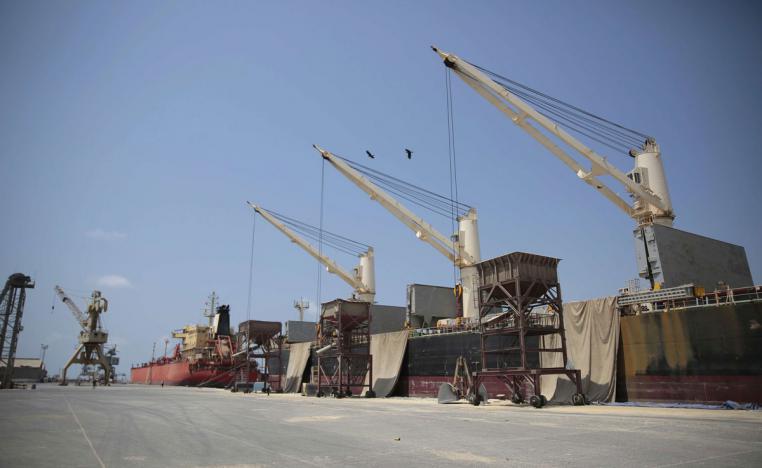 Idle cargo and oil tanker ships pictured at the port of Hodeidah, Yemen