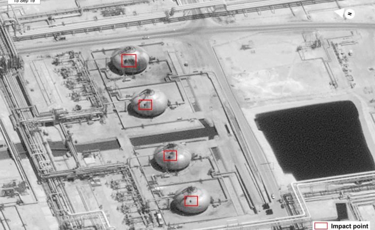 Satellite image of the damage to the infrastructure at Saudi Aramco's Abaqaiq oil processing facility in Buqyaq, Saudi Arabia