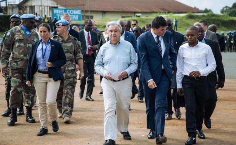 Secretary-General of the United Nations Antonio Guterres (C) arrives in Beni on the second day of his visit to the DRCongo