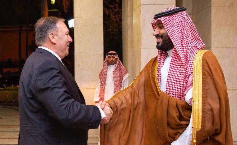 US Secretary of State Mike Pompeo (L) is greeted by Saudi Arabia's Crown Prince Mohammed bin Salman in Jeddah