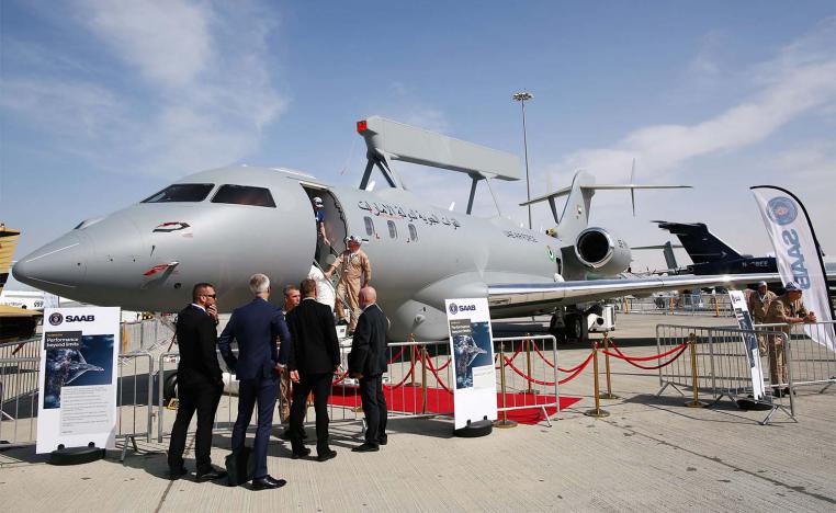 The new surveillance jet GlobalEye is on display during Dubai Air Show 