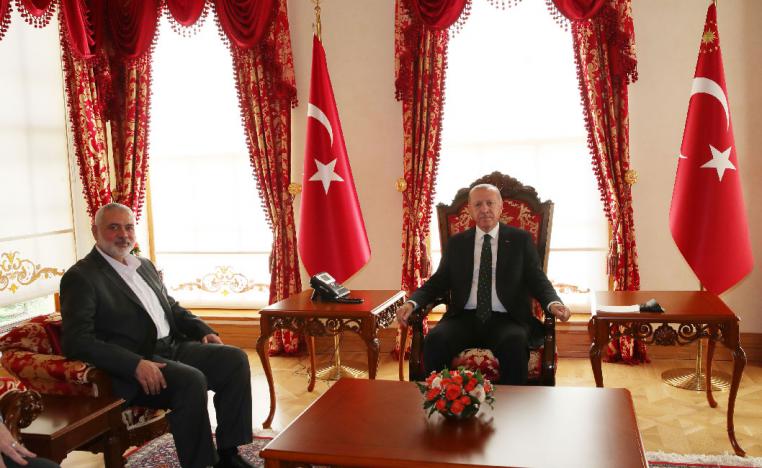 Turkey's President Recep Tayyip Erdogan (R) and Hamas' political bureau chief Ismail Haniya