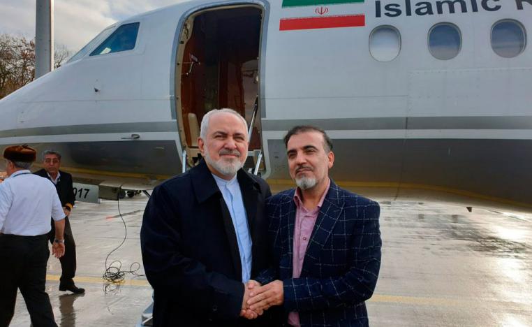 Iran's Foreign Minister Mohammad Javad Zarif shakes hands with scientist Massoud Soleimani
