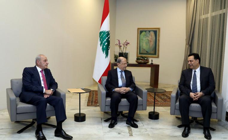 الرئيس اللبناني ميشال عون ورئيس مجلس النواب نبيه بري ورئيس الوزراء المكلف حسان دياب 