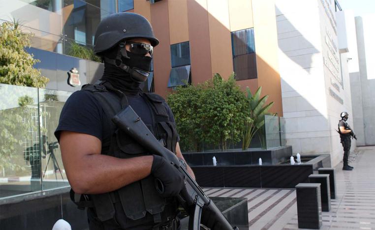 Members of the Moroccan special anti-terror unit guard the headquarters of the Central Bureau of Judicial Investigations in Sale near Rabat