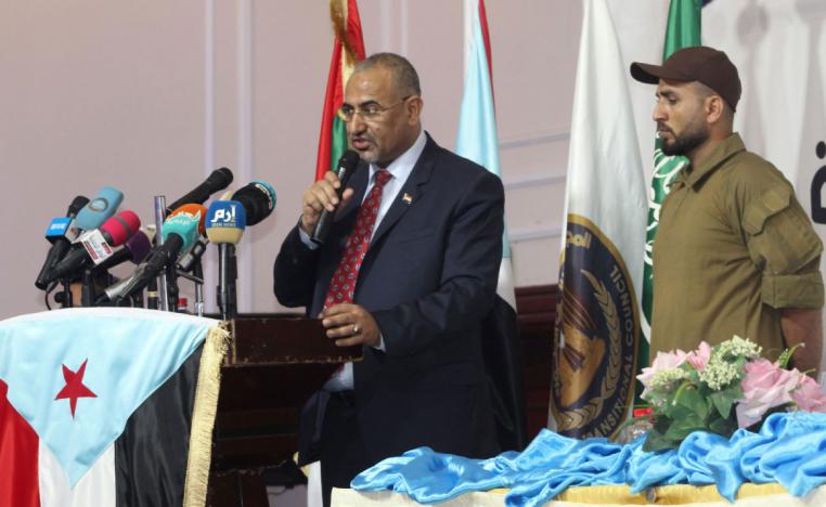 Chief of the STC Aidarus al-Zubaidi addresses a meeting of the council in the southwestern coastal city of Aden