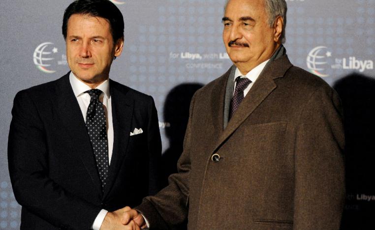 Italy's Prime Minister Giuseppe Conte welcomes Libyan military commander Khalifa Haftar