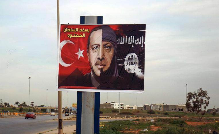 Billboard depicting the Turkish President Recep Tayyip Erdogan as a member of the Islamic State group in Benghazi