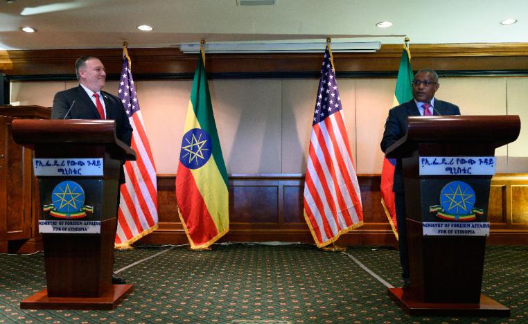 US Secretary of State Mike Pompeo (L) takes part in a press conference with Ethiopian Foreign Minister Gedu Andargachew