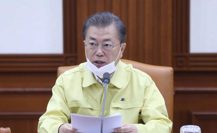 South Korean President Moon Jae-in speaks during a cabinet meeting at the government complex