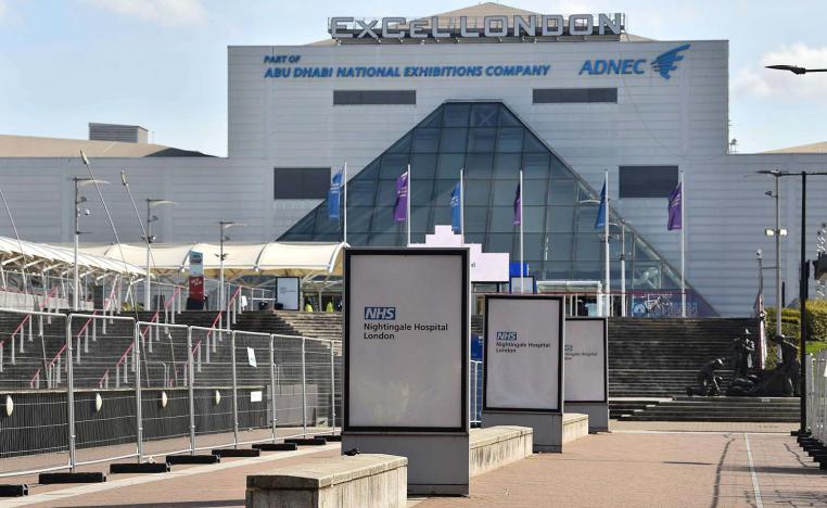 A general view is seen of the ExCeL London exhibition centre, which has been transformed into the "NHS Nightingale" field hospital, in London