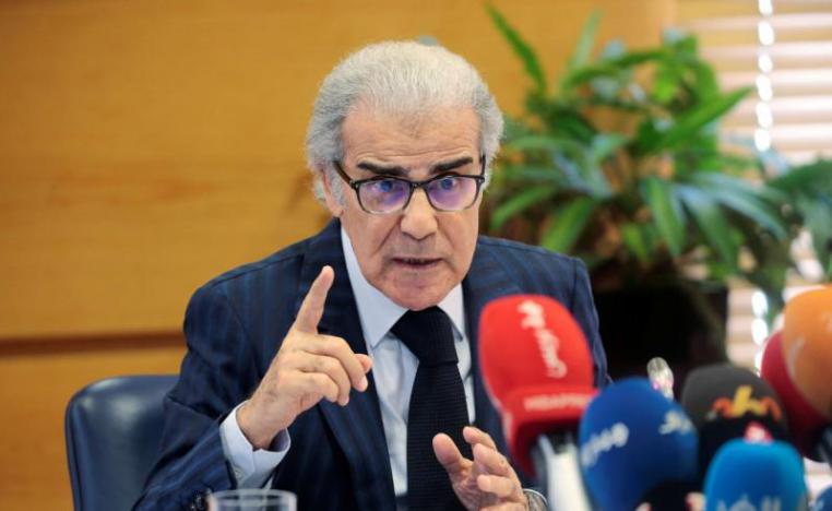 A 2019 file picture shows Bank Al-Maghrib Governor Abdellatif Jouahri speaking during a news conference in Rabat