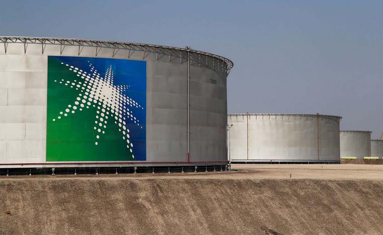 Branded oil tanks at Saudi Aramco oil facility in Abqaiq, Saudi Arabia 
