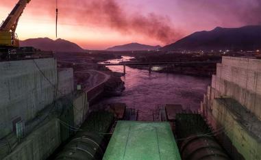 Blue Nile river as it passes through the Grand Ethiopian Renaissance Dam