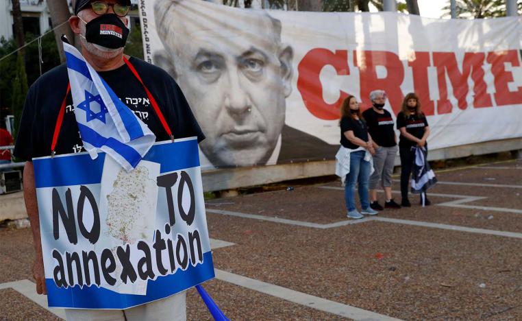Protesters gather in Tel Aviv's Rabin Square on June 6, 2020, to denounce Israel's plan to annex parts of the occupied West Bank