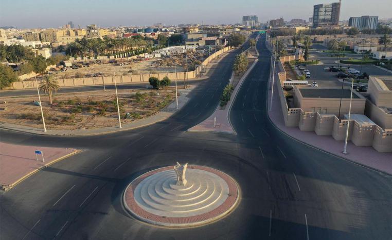 An aerial view shows deserted streets in the Saudi coastal city of Jeddah