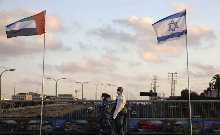 UAE and Israeli flags at the Peace Bridge in Netanya, Israel