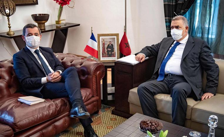 Abdelouafi Laftit (R), the Moroccan Minister of Interior receives his French counterpart Gerard Darmalin in Rabat