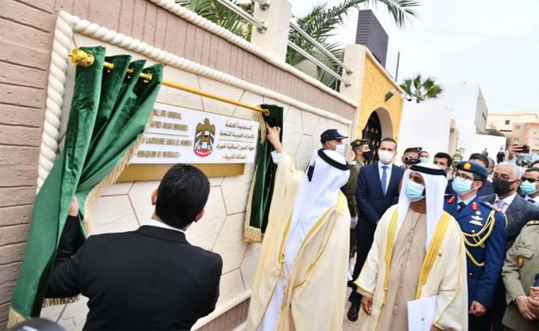 UAE Ambassador to Rabat Al Asri Saeed Ahmed Al-Dhaheri accompanied by Morocco’s Foreign Minister Nasser Bourita during the inauguration ceremony