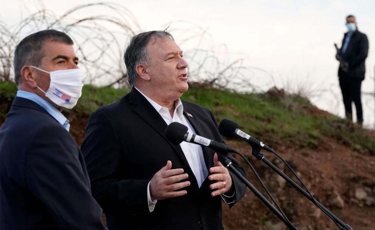 US Secretary of State Mike Pompeo speaks alongside Israeli Foreign Minister Gabi Ashkenazi (L) following a security briefing on Mount Bental