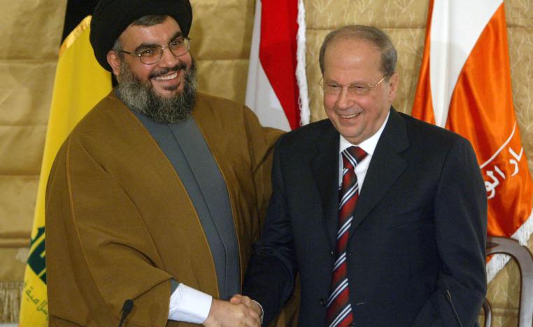 زعيم حزب الله حسن نصرالله في لقاء مع الرئيس اللبناني ميشال عون قبل توليه الرئاسة (2006)