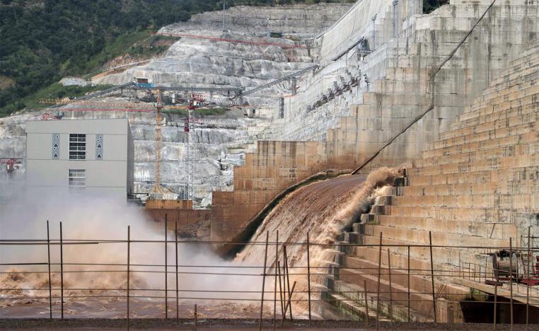 Water flows through Ethiopia's Grand Renaissance Dam 