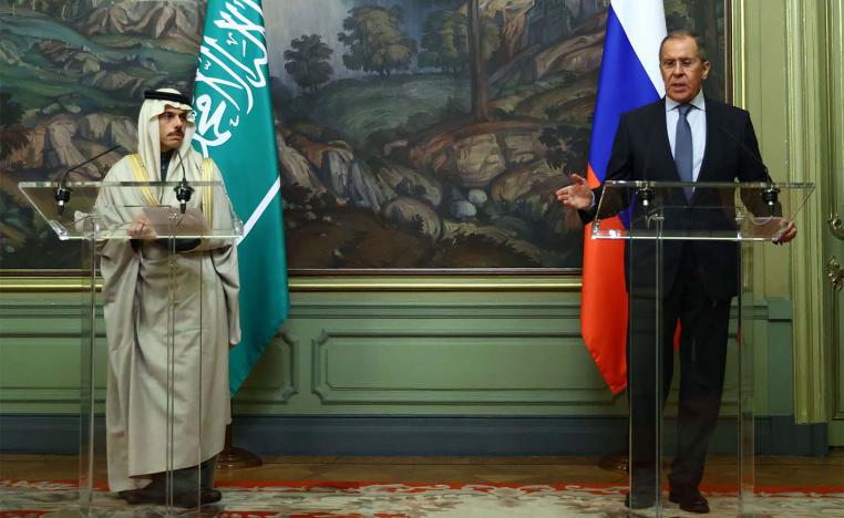 Russian Foreign Minister Sergei Lavrov and his Saudi counterpart Prince Faisal bin Farhan al-Saud hold a joint press conference following their meeting in Moscow