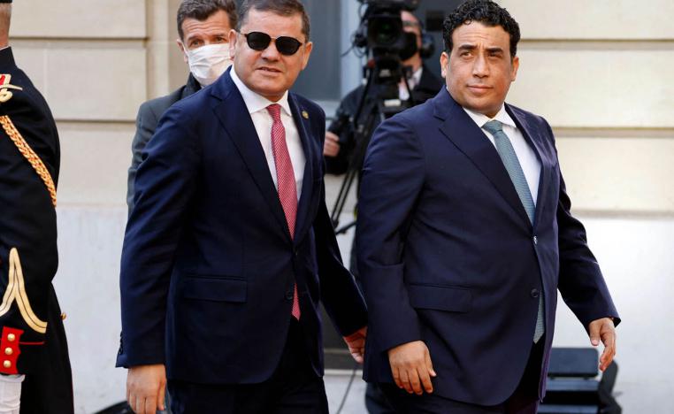 رئيس مجلس الرئاسة الليبي محمد المنفي ورئيس الحكومة عبدالحميد دبيبة في مؤتمر باريس