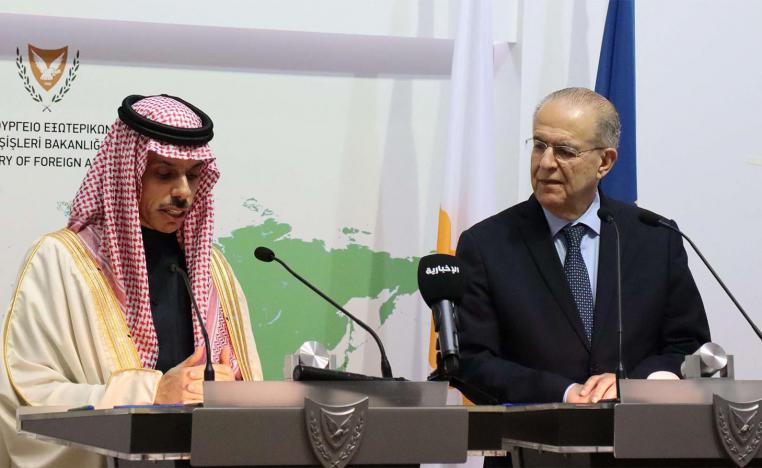 Saudi Foreign Minister Prince Faisal Bin Farhan Al-Saud with Cyprus Foreign Minister Ioannis Kasoulides speaking to the media