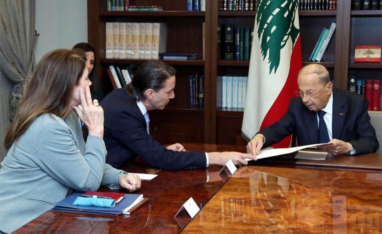 Amos Hochstein during talks with Aoun on Lebanon's disputed maritime border with Israel