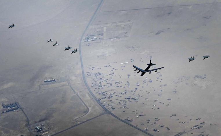 Two nuclear-capable B-52 long-distance bombers flying over the Middle East