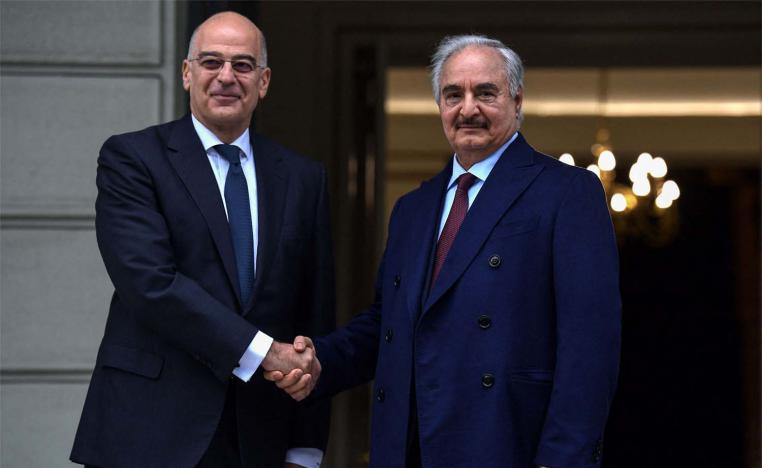 Greek Foreign Minister Nikos Dendias welcomed Libyan strongman Khalifa Haftar before talks in Athens in January 2020