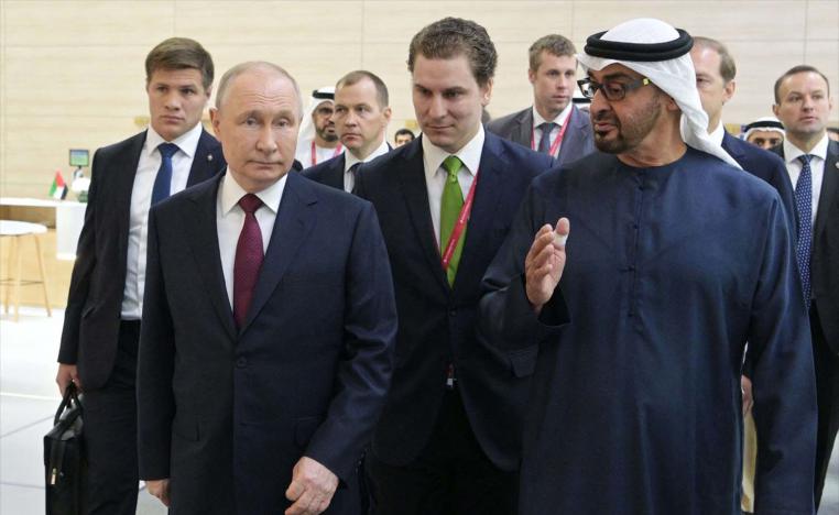 Russian President Vladimir Putin and UAE President Sheikh Mohamed bin Zayed al-Nahyan tour the UAE pavilion at the Saint Petersburg International Economic Forum 