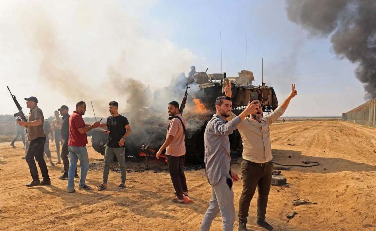 A destroyed Israeli tank by Palestinian fighters