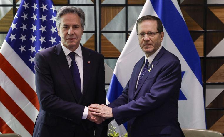 US Secretary of State Antony Blinken (L) meets with Israeli President Isaac Herzog in Tel Aviv