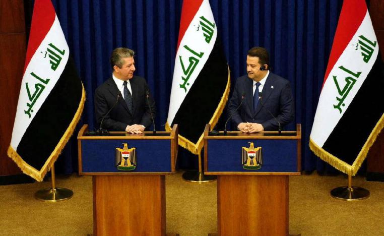 رئيس الحكومة العراقية محمد شياع السوداني في مؤتمر صحفي مع رئيس حكومة كردستان مسرور بارزاني