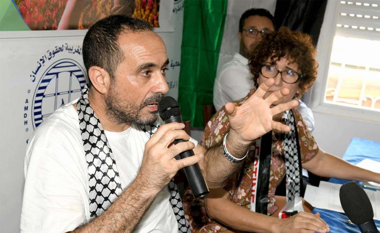 Moroccan journalist Soulaimane Raissouni speaks during a press conference at the Moroccan Association of Human Rights HQ in Rabat