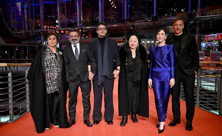 Cast member Georges Khabbaz, Hanna Schygulla, Sibel Kekilli, Tom Wlaschiha and Nidal Al Achkar and director Ameer Fakher Eldin attend the screening of the film Yunan at the 75th Berlinale International Film Festival in Berlin