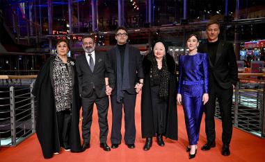 Cast member Georges Khabbaz, Hanna Schygulla, Sibel Kekilli, Tom Wlaschiha and Nidal Al Achkar and director Ameer Fakher Eldin attend the screening of the film Yunan at the 75th Berlinale International Film Festival in Berlin
