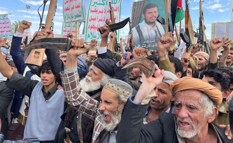 Houthis take part in a protest in solidarity with Palestinians in the Gaza strip, in Sanaa