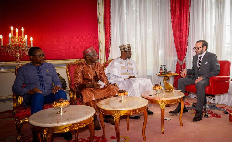 King Mohammed VI meeting with Burkinabe FM Karamoko Jean Marie Traore (L), Niger's FM Bakary Yaou Sangare (2nd-L) and Mali's FM Adboulaye Diop in Rabat 