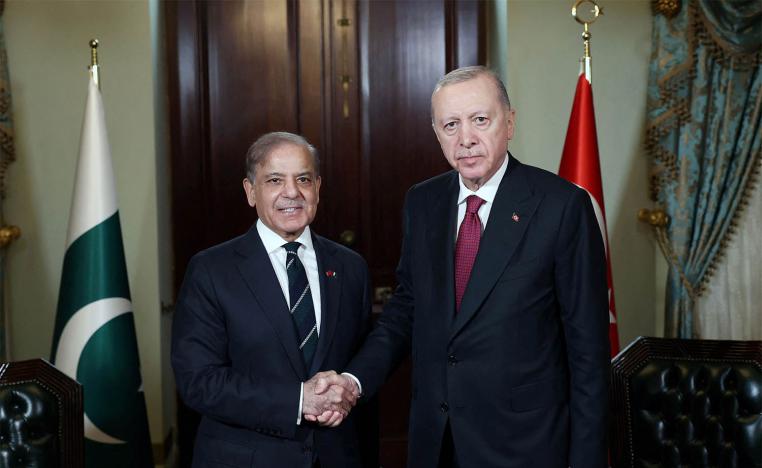 Turkey’s President Tayyip Erdogan shakes hands with Pakistan's Prime Minister Shehbaz Sharif before their meeting in Istanbul