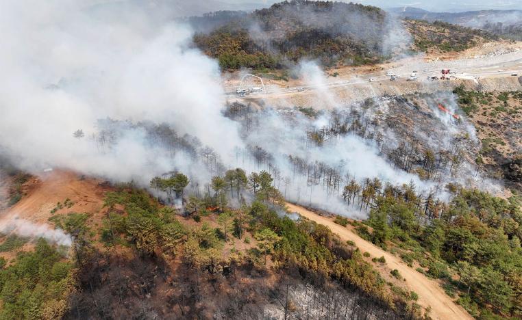 A drone view shows smoke rising from a wildfire burning in Harmancik in the northwestern Bursa province
