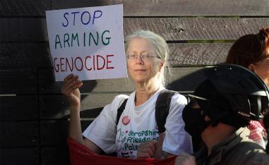 A demonstrator holds a placard reading "Stop Arming Genocide" in a protest outside the entrance to the Defence and Security Equipment International fair at the ExCeL centre in east London