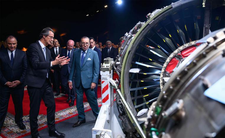 King Mohammed VI during a ceremony to launch construction works for an industrial complex of the French group Safran in Nouaceur