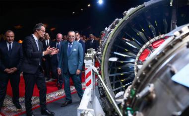 King Mohammed VI during a ceremony to launch construction works for an industrial complex of the French group Safran in Nouaceur