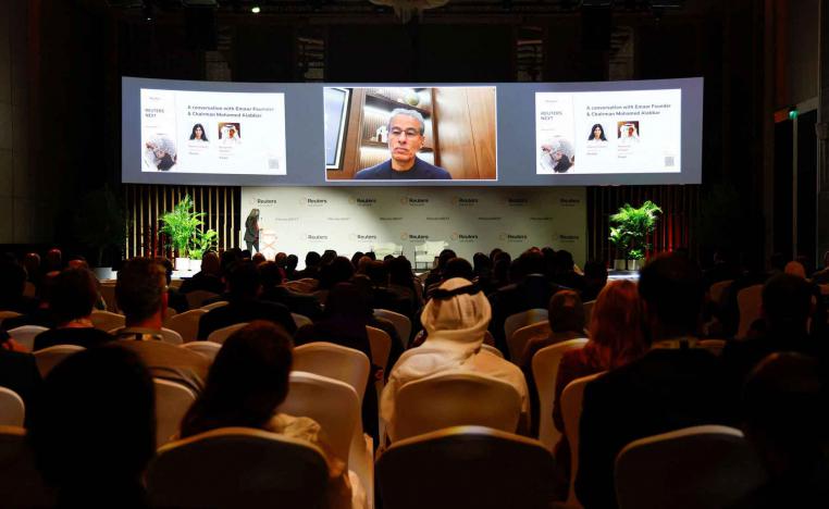 Emaar Founder and Chairman Mohamed Alabbar appears on-screen at the Reuters NEXT Gulf Summit, in Abu Dhabi, October 22, 2025. 