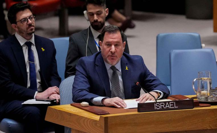Israel’s Deputy UN Ambassador Jonathan Miller addresses a Security Council meeting at the United Nations headquarters in New York City.